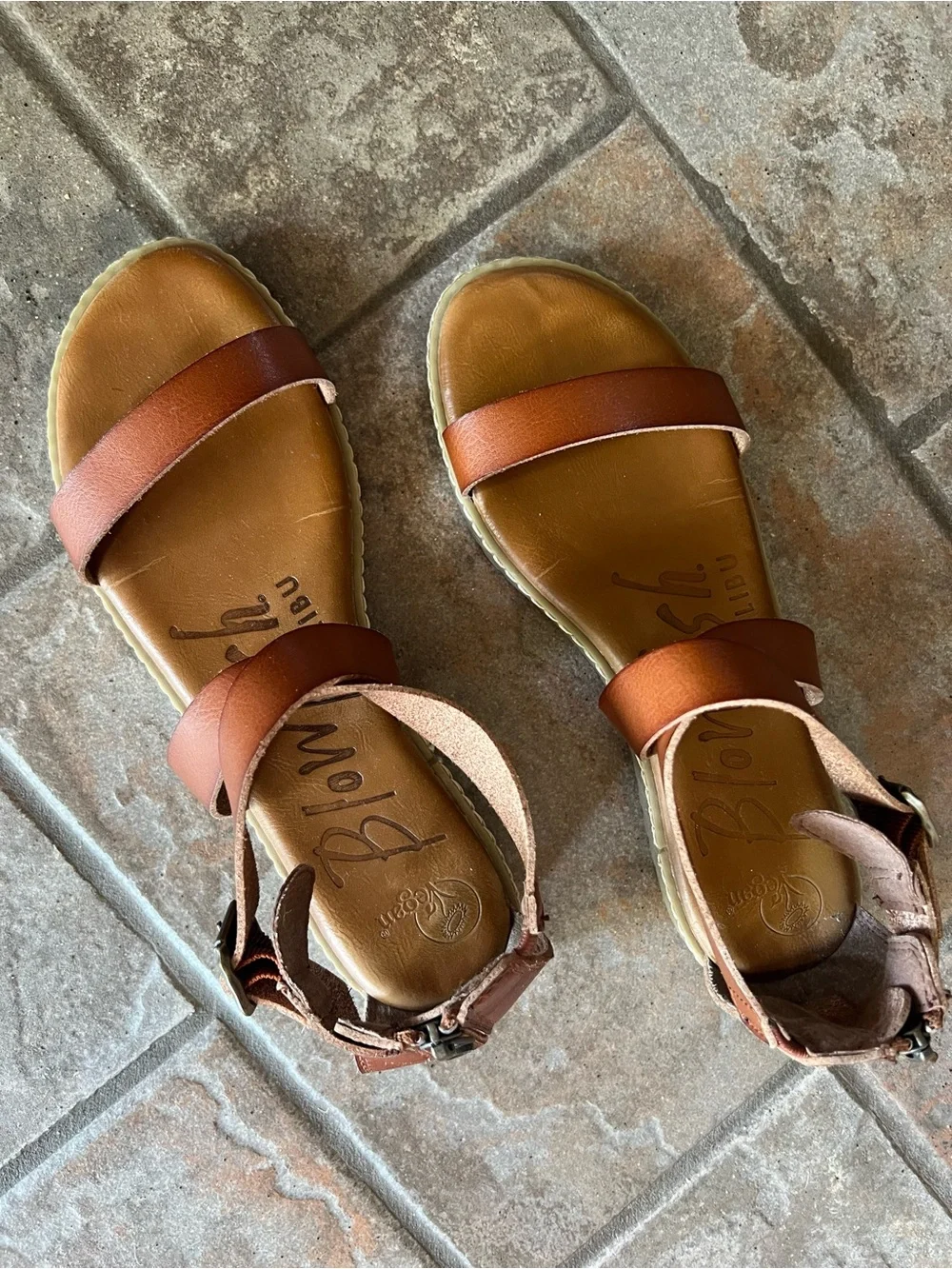 BLOWFISH MALIBU Women's Strappy Crossover Zip Back Sandals in Cognac Brown